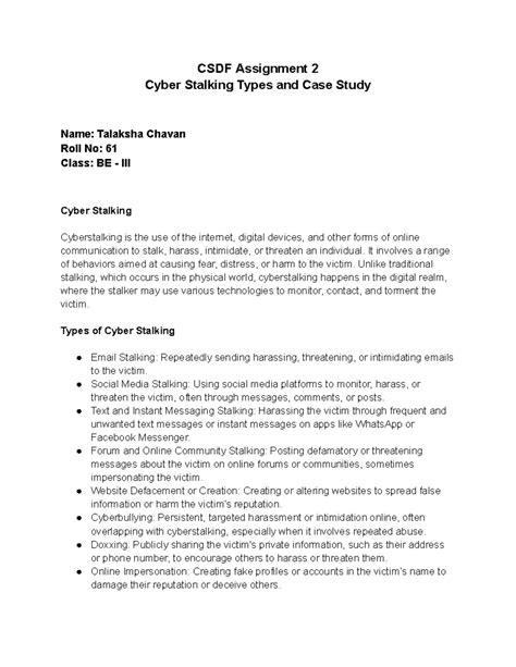 CSDF Assignment 2 - NONE - CSDF Assignment 2 Cyber Stalking Types and ...