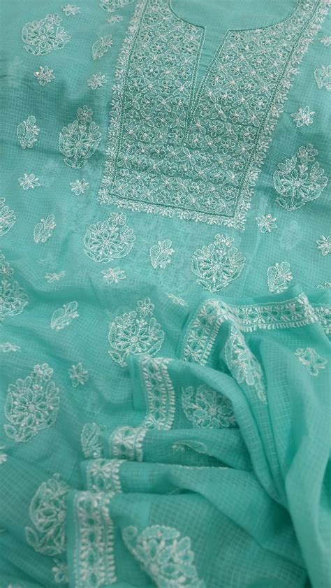 KOTA CHIKANKARI DRESS MATERIAL WITH PEARL - TERQUOISE – Paridhan Chikan ...