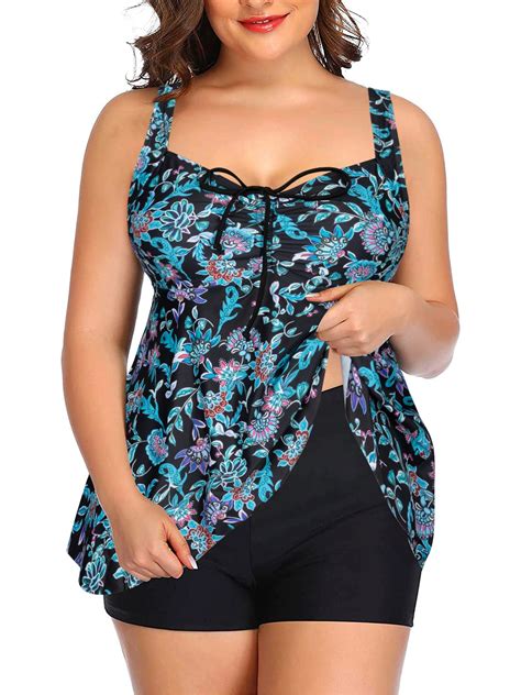 Womens Plus Size 2-Piece Bathing Suits Ruffle Tankini Top with ...