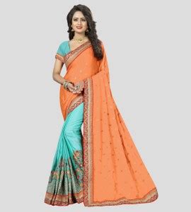 Buy VIVA N DIVA Embroidered Bollywood Crepe Blue, Orange Sarees Online ...