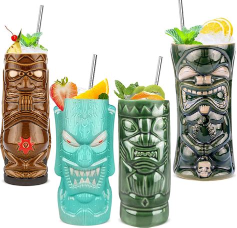 Amazon.com: Tiki Mugs Set of 4 — Large Ceramic Hawaiian Luau Party Mugs ...
