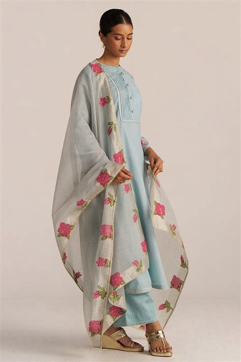 Ether Blue Embroidered and Woven Kurta Set - Ganga Fashions