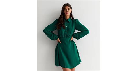 Dark Green Faux Pearl Button Long Sleeve Mini Shirt Dress | New Look