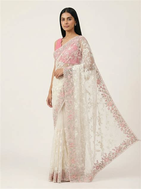 DIVA White Net Designer Saree with Pink Floral Embroidery & Sequin Wor ...