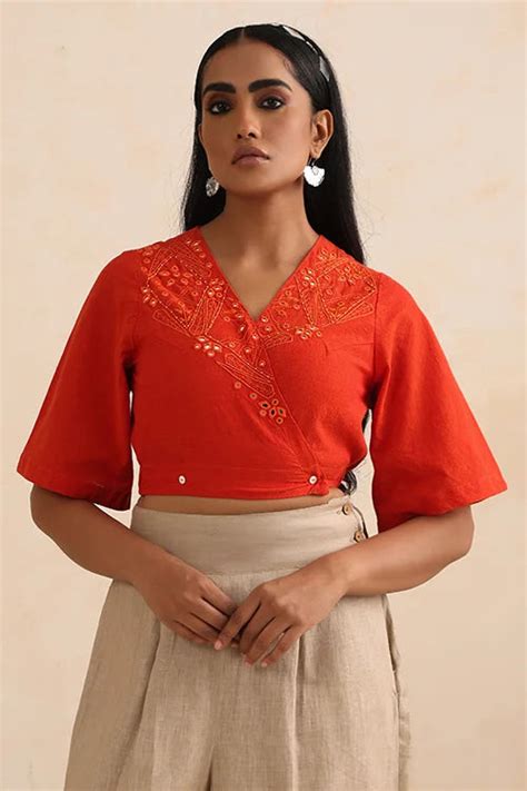 Okhai "Amer" Hand-Embroidered Orange Pure Cotton Wrap Top – Okhaistore