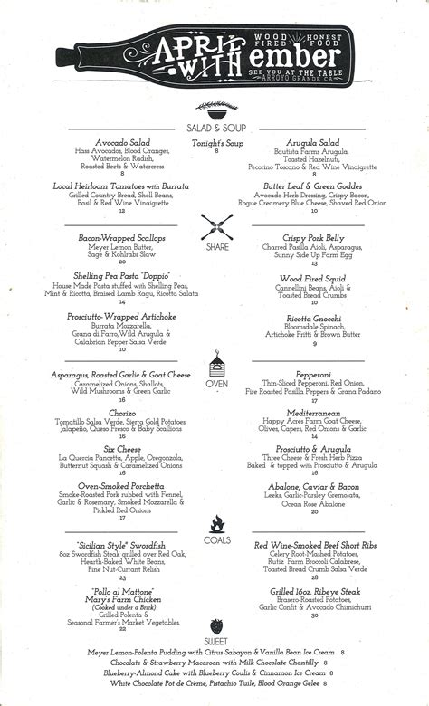 MENU — EMBER RESTAURANT ARROYO GRANDE FEATURING WOOD-FIRED, HONEST FOOD!