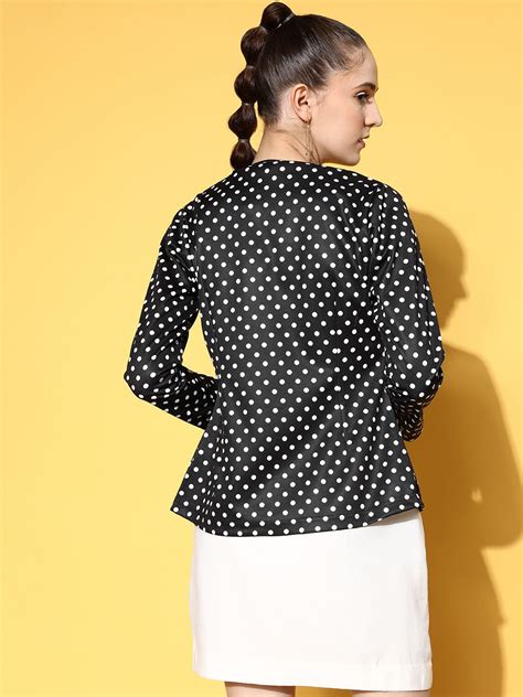 Women Black & White Polka Dot Printed Collarless Open Front Straight ...