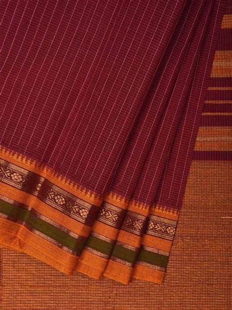 Maroon Narayanpet Cotton Handloom Saree with Checks Design No Blouse n ...