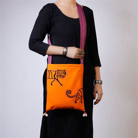 Orange Kantha Work Block Print Cotton Sling Bag