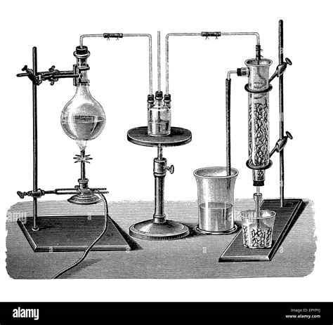 Vintage chemistry lab equipment for sulfur dioxide production. The gas ...