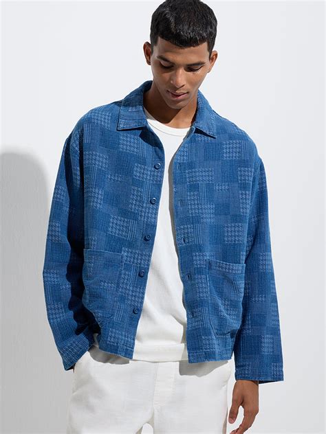 Buy ETA Indigo Houndstooth Checkered Relaxed-Fit Cotton Shirt from Westside