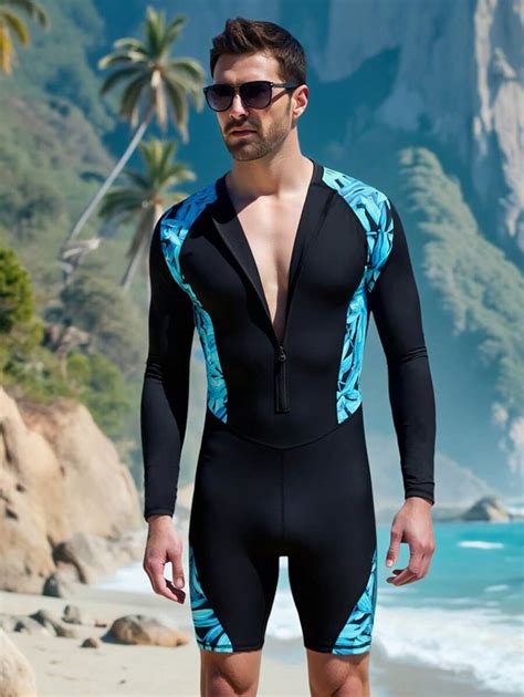 Manfinity Swimmode Men's One-Piece Long Sleeve Zipper Swimsuit ...