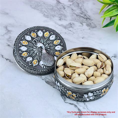 Steel Container with Lid Kitchen Storage | Peacock Embossed Oxidized ...