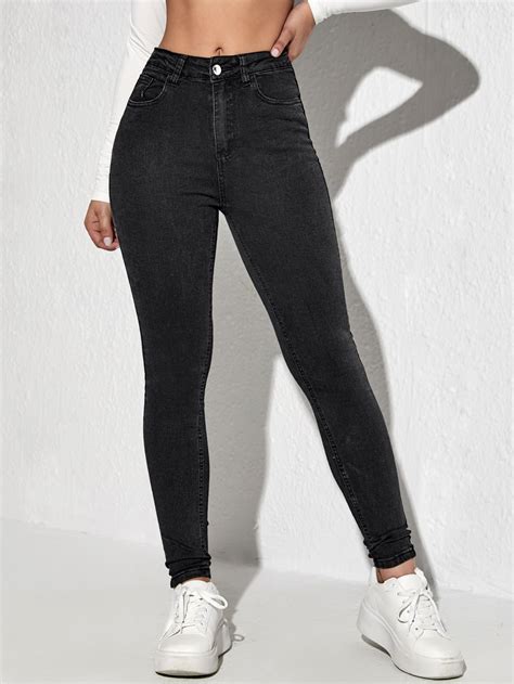 Negro Collar Mezclilla Liso Pantalón pitillo Embellished Elástico Alto ...