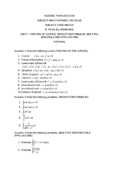 Tutorial-unit-II-MA0112- Multivariable Calculus - ACDEMIC YEAR- 2023 ...