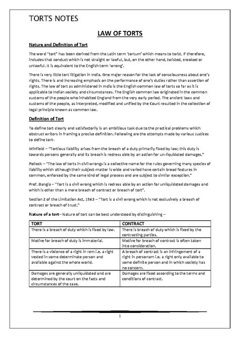 TORT 101: Comprehensive Notes on Law of Torts and Liability Concepts ...
