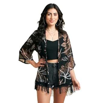 Buy Azira Women's Floral Printed Georgette Open Front Shrug Black ...