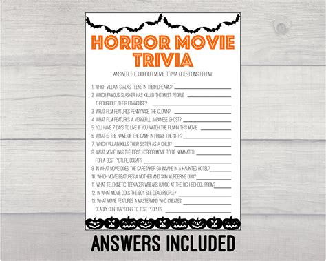 Horror Movie Trivia Printable Game, Halloween Game Printable, Digital Download, Halloween Party ...