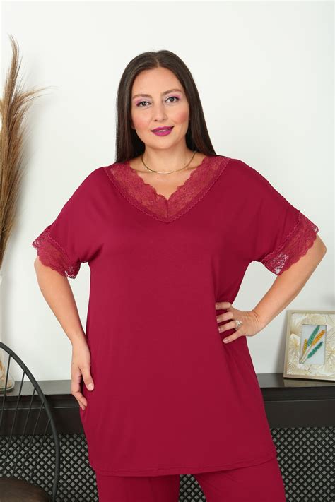 XL Modam Women's Plus Size Claret Red Pajama Set- Trendyol