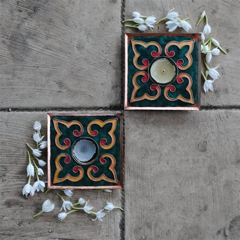 Buy Copper Enamel Square Rangoli Tealight Holders I Set of 2 Online On ...