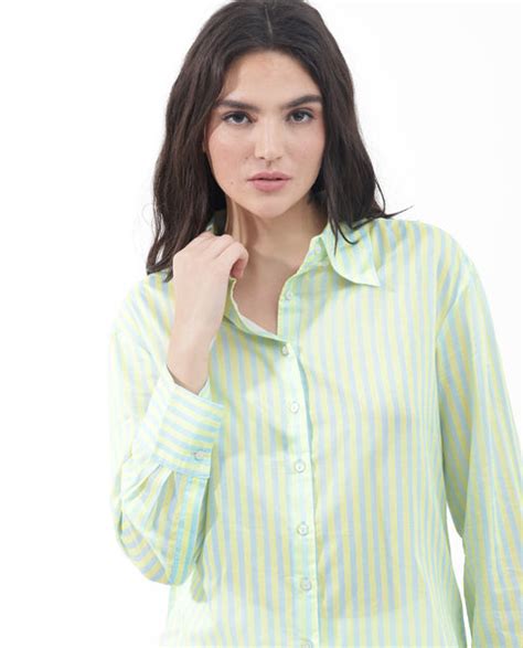 Rareism Women's Aksana Blue Cotton Drop Collar Striped Cuffed Sleeve R