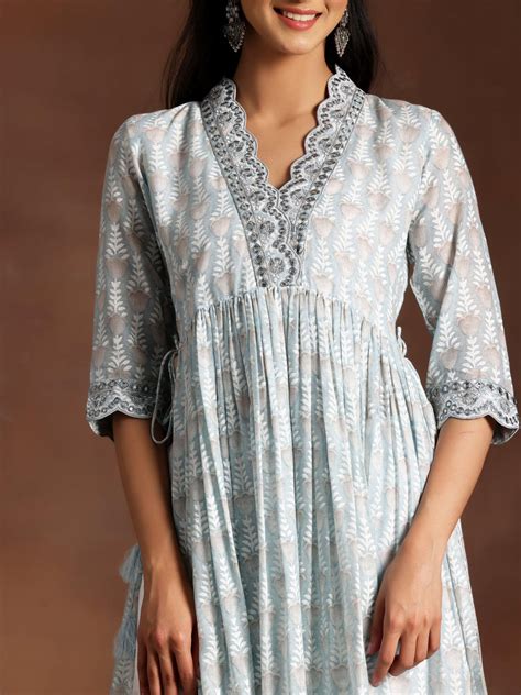 Buy Grey Printed Cotton A-Line Kurta With Palazzos & Dupatta Online at ...