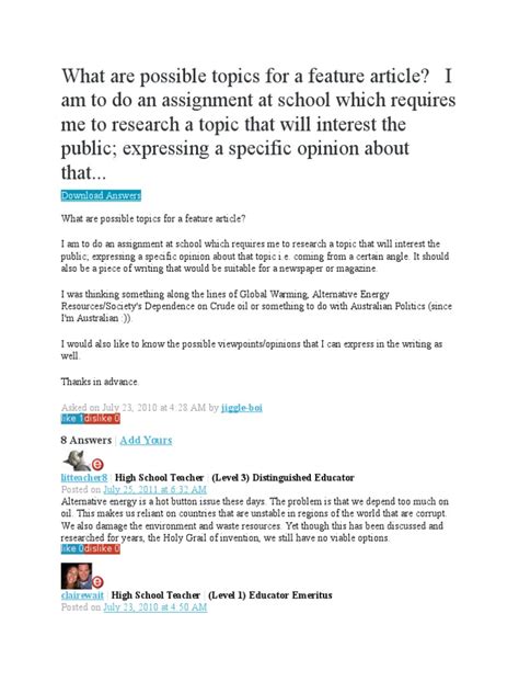 What Are Possible Topics For A Feature Article | PDF | Adolescence ...