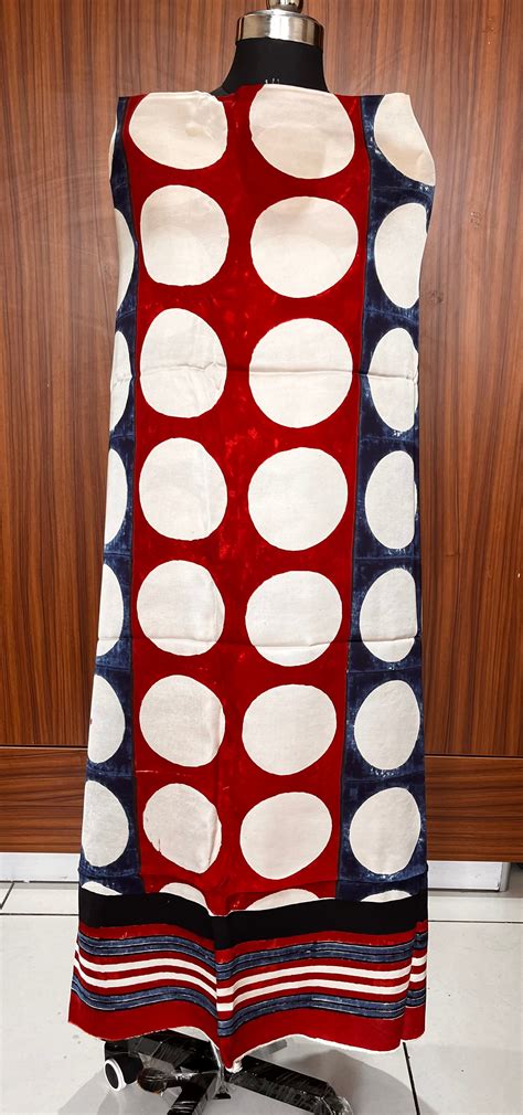 Red and Blue Circle Buta Motif Modal Silk Ajrakh Hand Block Print Desi ...