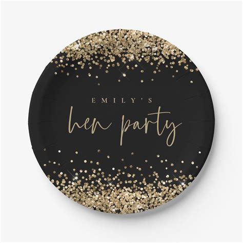 Glam Gold Glitter Name Hen Party Black Paper Plates | Zazzle | Paper ...