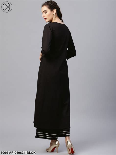 Women Black Three-Quarter Sleeves Round Neck A-Line Pure Cotton Kurta ...