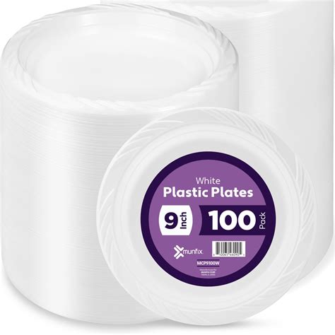 Amazon.com: Munfix 100 White Plastic Plates Set - 9 Inch Plastic Dinner ...