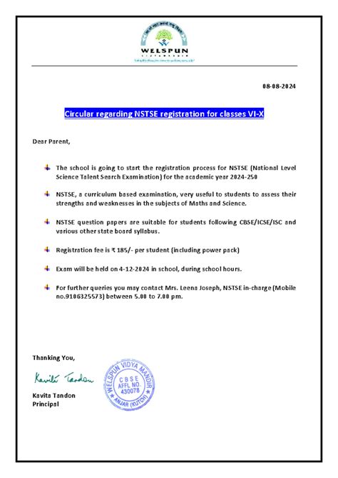 Nstse Circular - 08-08- Circular regarding NSTSE registration for ...