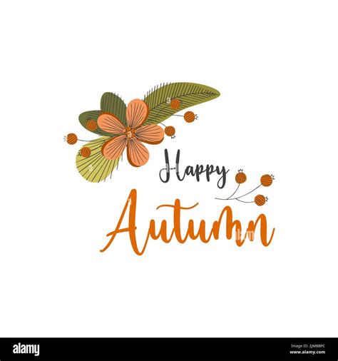 Happy Autumn banner with doodle flowers leaf berry autumn colors ...