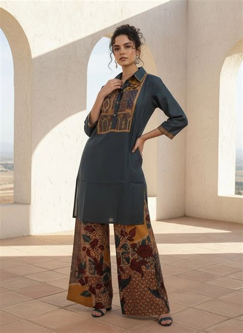 Shop Deep Slate Blue Ajrakh Panel Kurta Set in Muslin – Buy Online ...