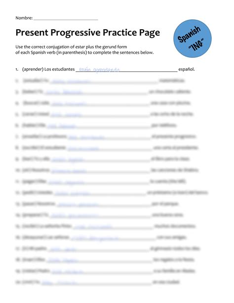 Spanish Present Progressive Tense Worksheets Printable - Preschool ...