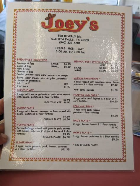 Menu at Joey's restaurant, Wichita Falls, 528 Beverly Dr