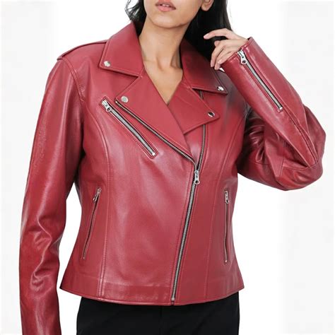 Women's Leather Motorcycle Riding Jacket - Cherry Red