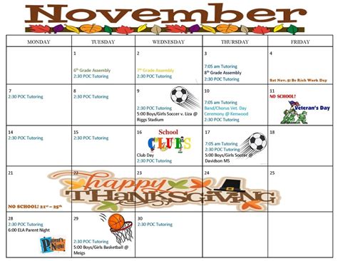 November Calendar | WC Pryor Middle School