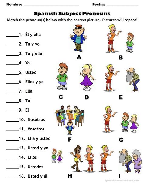 Spanish Subject Pronouns Worksheet