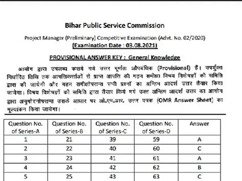 BPSC Project Manager Prelims Answer Key 2021 Released @bpsc.bih.nic.in ...