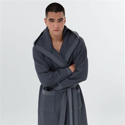 Men's Charcoal Hooded Turkish Cotton Waffle Robe | SEYANTE