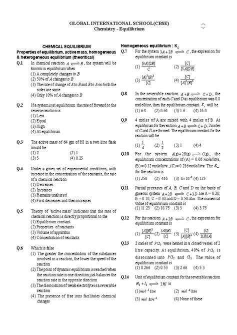 GLOBAL INTERNATIONAL SCHOOL(CBSE) Chemistry Equilibrium Practice ...