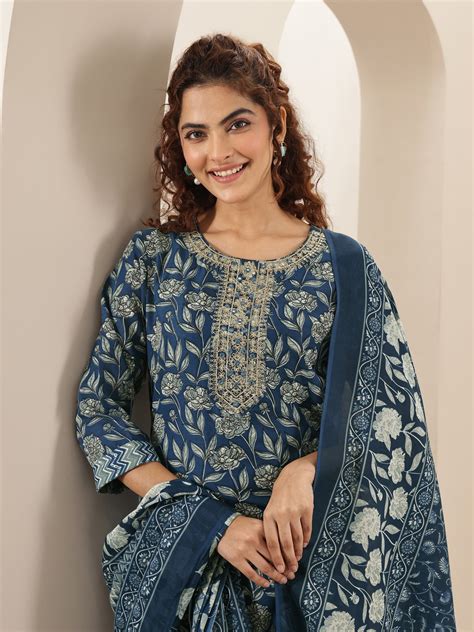 Buy Teal Blue Printed Cotton Blend Straight Suit Sets With Dupatta ...