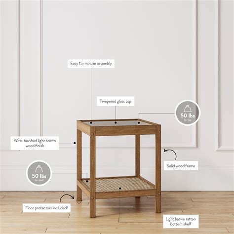 Hayes Side Table Wood Rattan Glass Top Light Brown | Nathan James