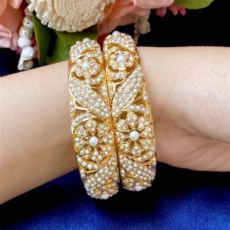 Gold Plated Pearl Kadas | Mughal Design | Stone Bangles
