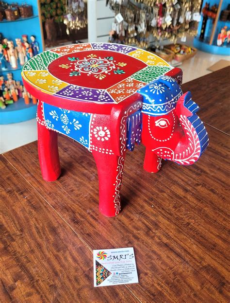 Wooden Elephant Stool Multicolour Design 4 (8H x 10.5L x 8W Inches) In ...