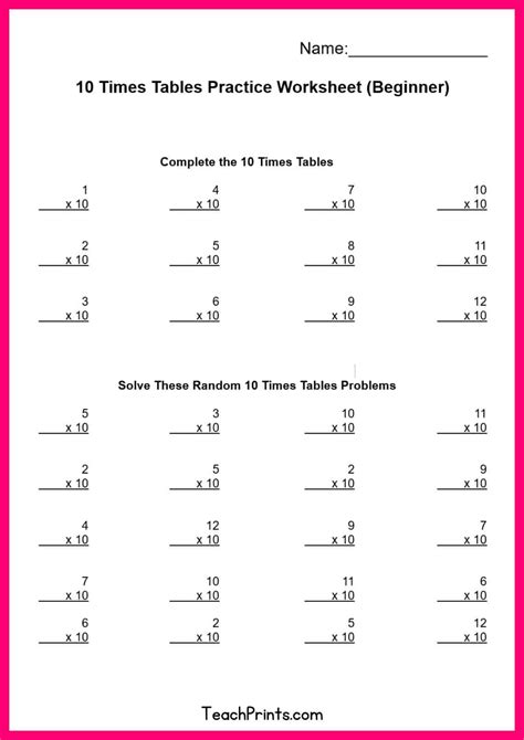Free 10 Times Tables Worksheets (8 Versions) - Teach Prints