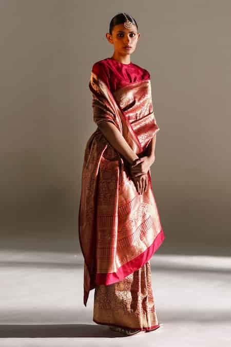 Buy Red Brocade Embroidery Zinovia Silk Saree With Unstitched Blouse ...