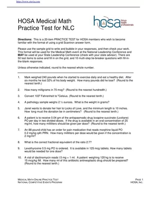HOSA Medical Math Practice Test for NLC 2023. - Nursing - Stuvia UK