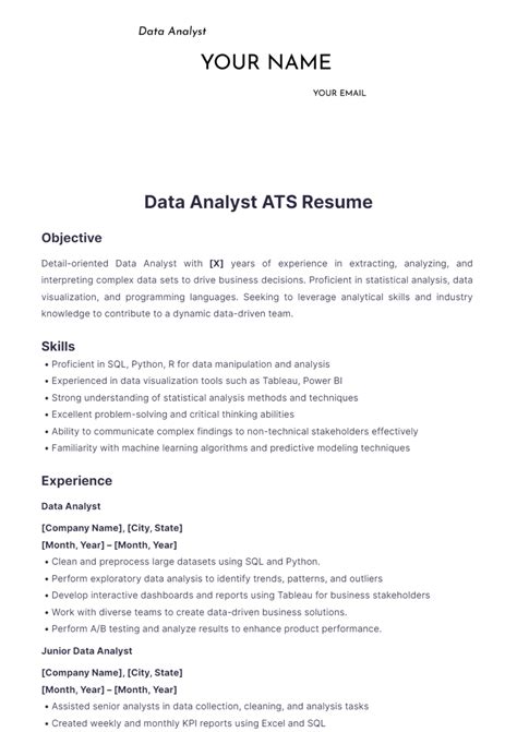 Free Data Analyst ATS Resume Template to Edit Online